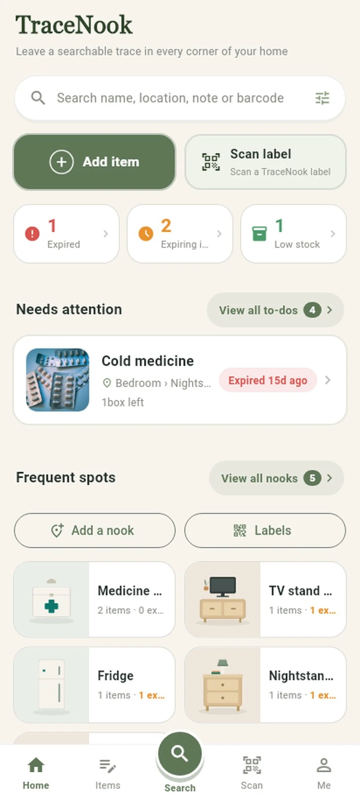 TraceNook home screen
